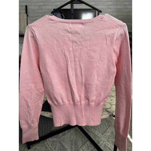 One Step Ahead Light Pink Button Down Beaded Cropped Cardigan Womens Sweater - Picture 2 of 5